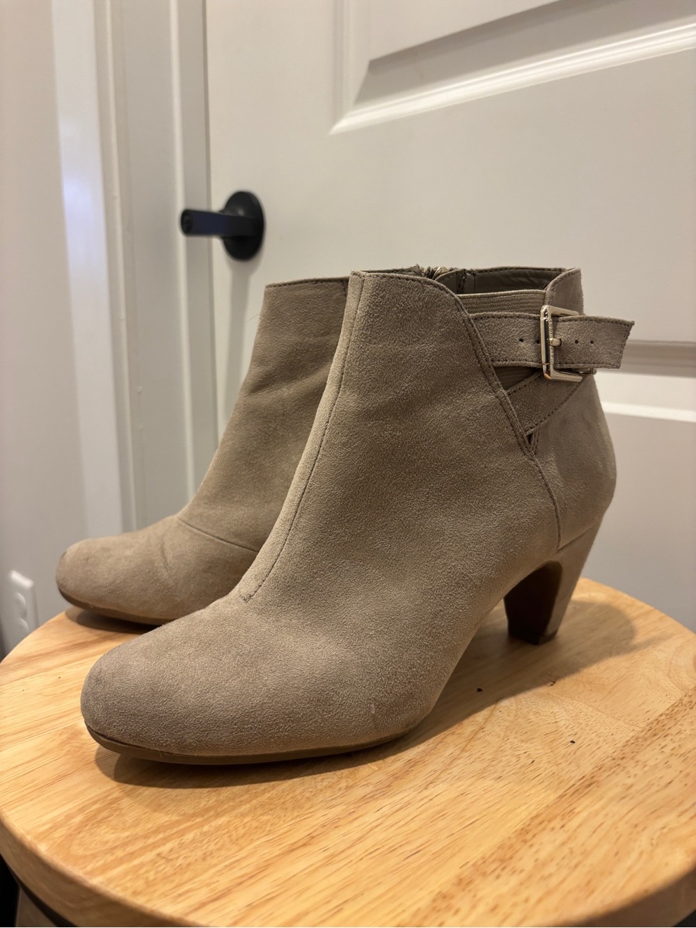 Sam & Libby Taupe Suede Buckle Heels